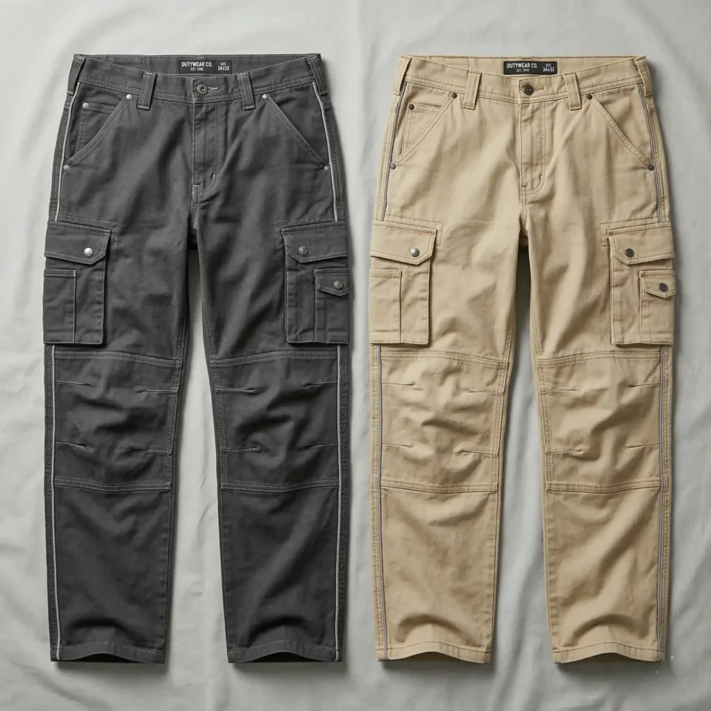 Durable construction pants with reinforced knees.