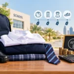 School uniform with white shirt, navy sweater, tie and shoes next to AED coins and a calculator, showing school uniform cost in the UAE