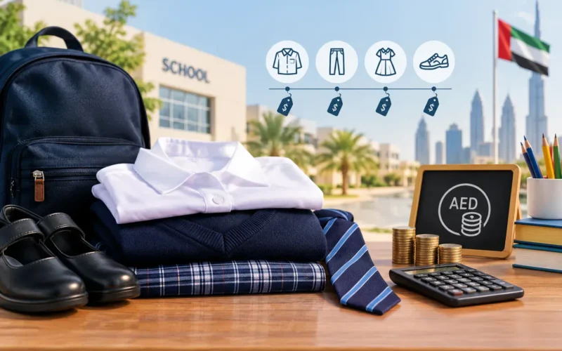 School uniform with white shirt, navy sweater, tie and shoes next to AED coins and a calculator, showing school uniform cost in the UAE